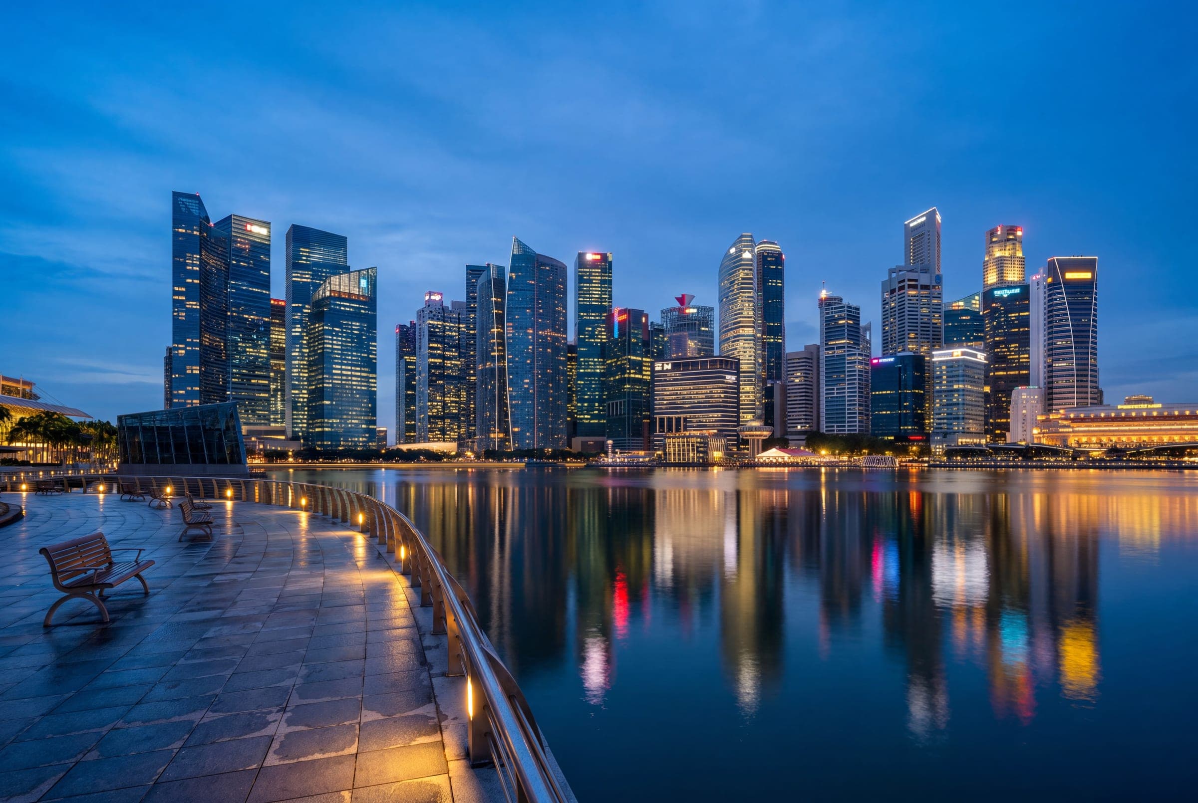 The Singapore skyline and Marina Bay waterfront at blue hour