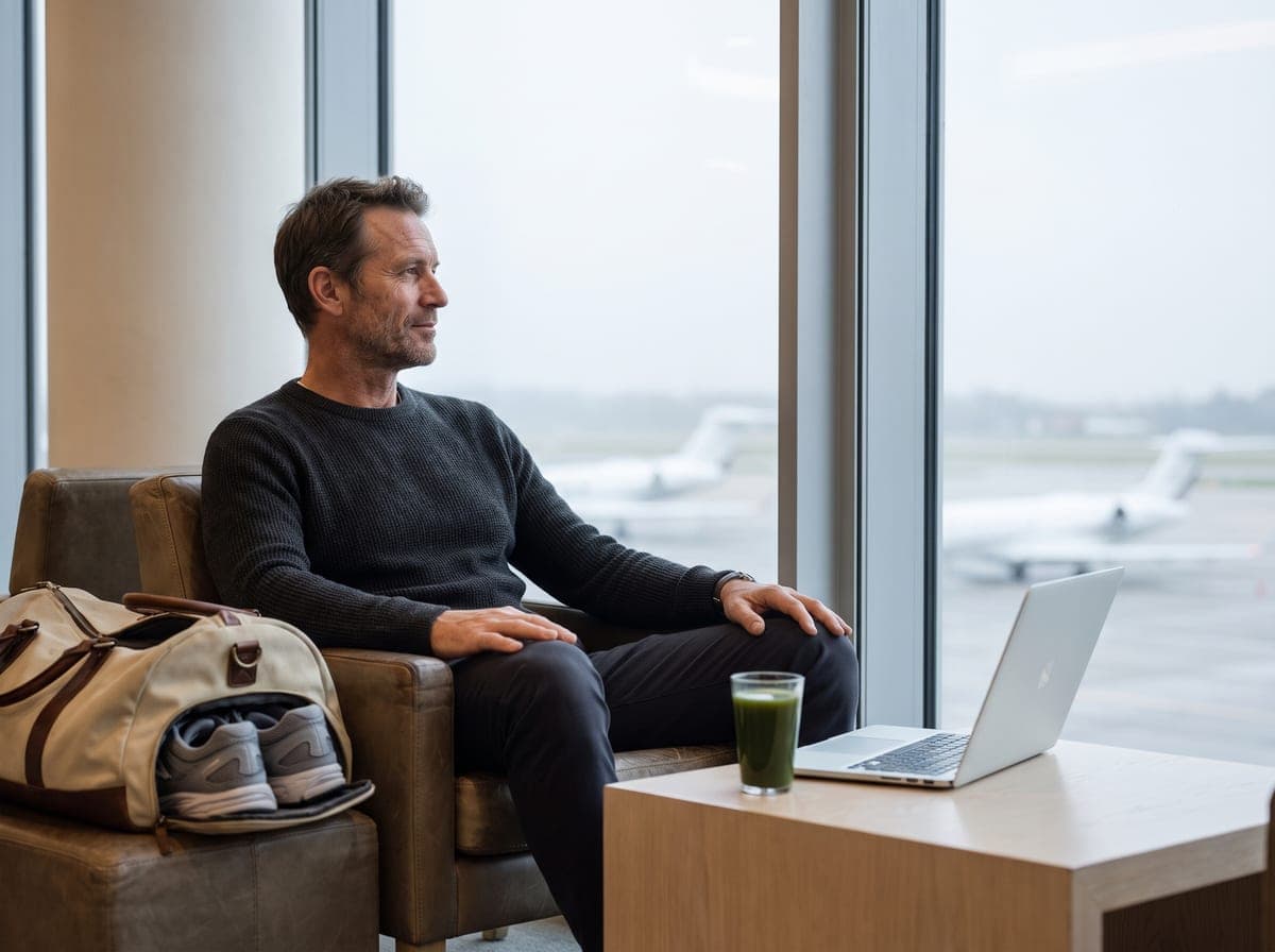 空港ラウンジでノートパソコンとグリーンジュースのグラスを前にする旅行者。開いたバッグにはランニングシューズ