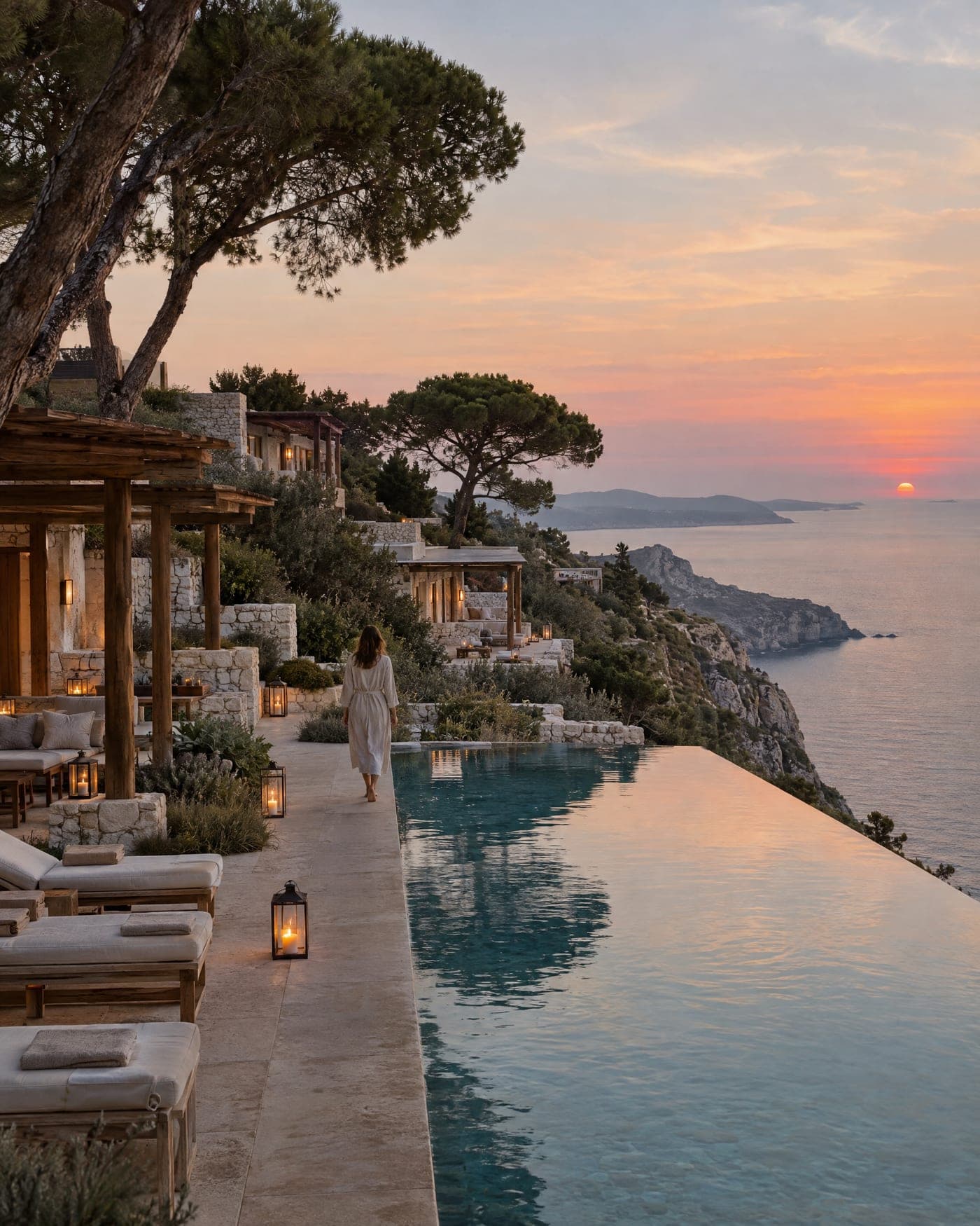 A clifftop resort above the sea at sunset: stone pavilions under pines, lanterns along an infinity pool and a guest in a linen robe walking beside it