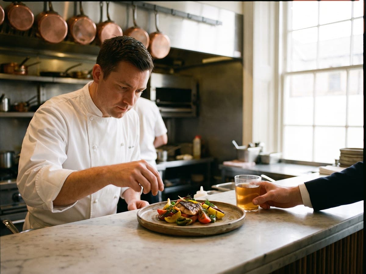 An executive chef plating heirloom vegetables and grilled fish on handmade stoneware at the pass of an open kitchen