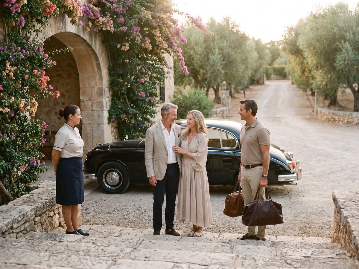 A guest relations manager welcoming an arriving couple on the entrance steps of a wellness resort