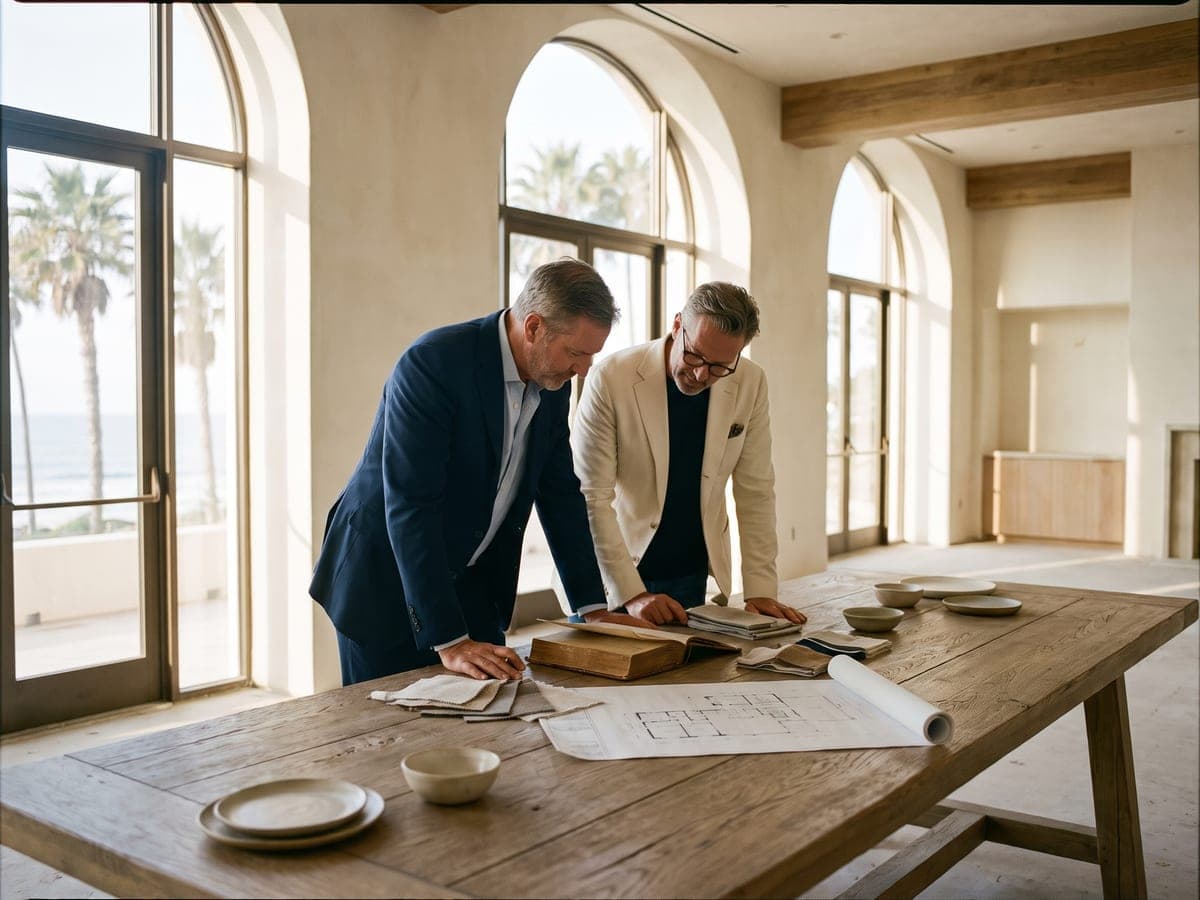 A hotel manager and a consultant reviewing a concept book, fabric swatches and tableware samples at an oak table in a resort lounge