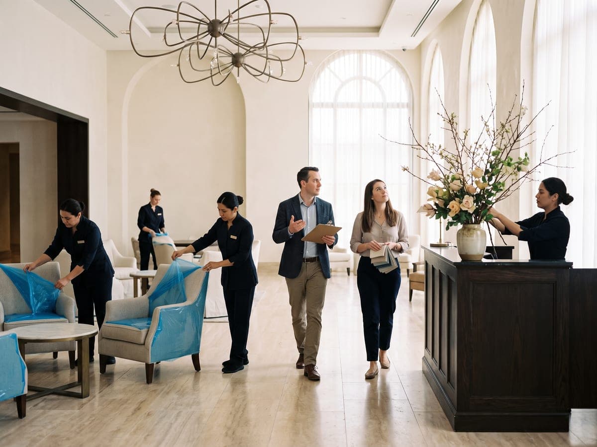 Staff preparing the lobby of a luxury hotel before opening while a manager walks the space with the interior designer