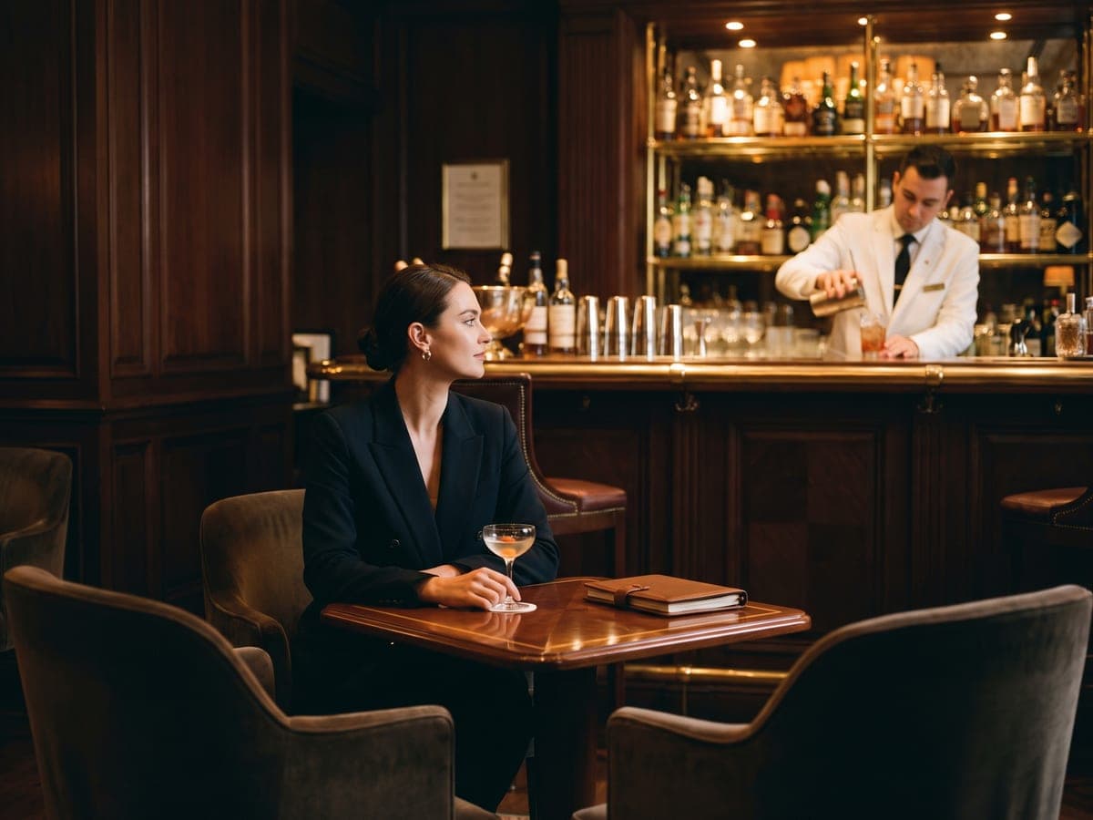 A guest alone at a hotel bar with a cocktail and a small notebook, quietly observing the bartender