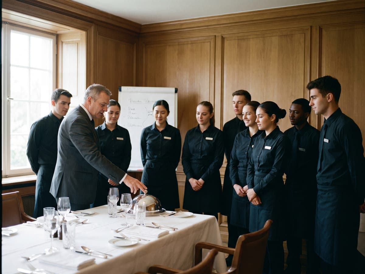 A senior trainer demonstrating table service to waiters and housekeepers in the private dining room of a hotel