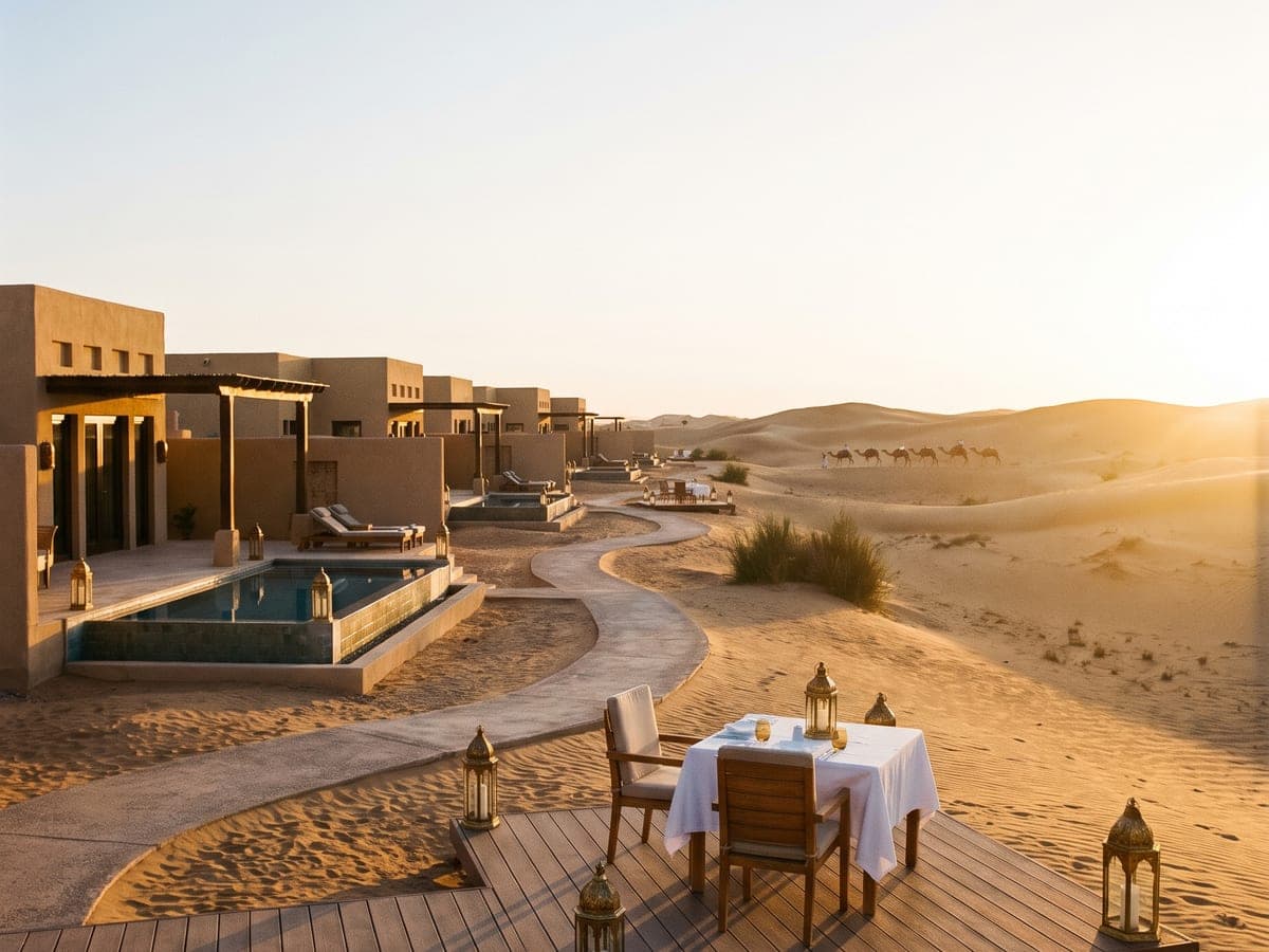 Sand-coloured desert pavilions at golden hour, a table for two laid with white linen and brass lanterns on a raised deck