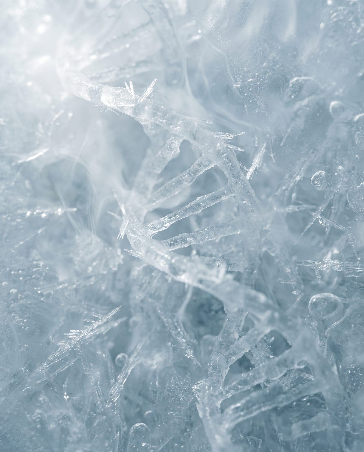 Una doble hélice de ADN suspendida en hielo transparente, con cristales de escarcha que captan una luz fría