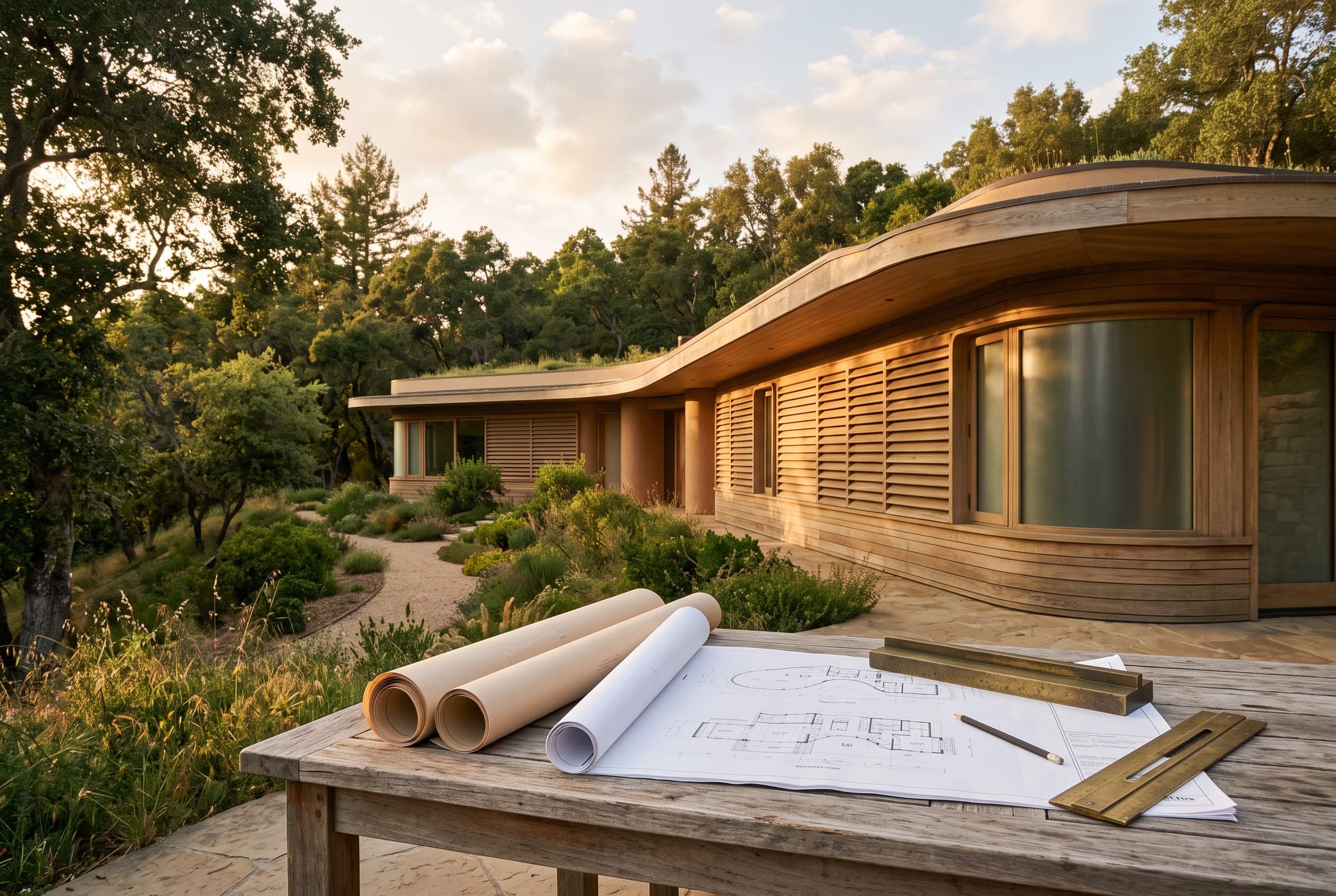 A modern timber villa with a curved green roof in evening light, architectural drawings and rolled plans open on a table in the foreground