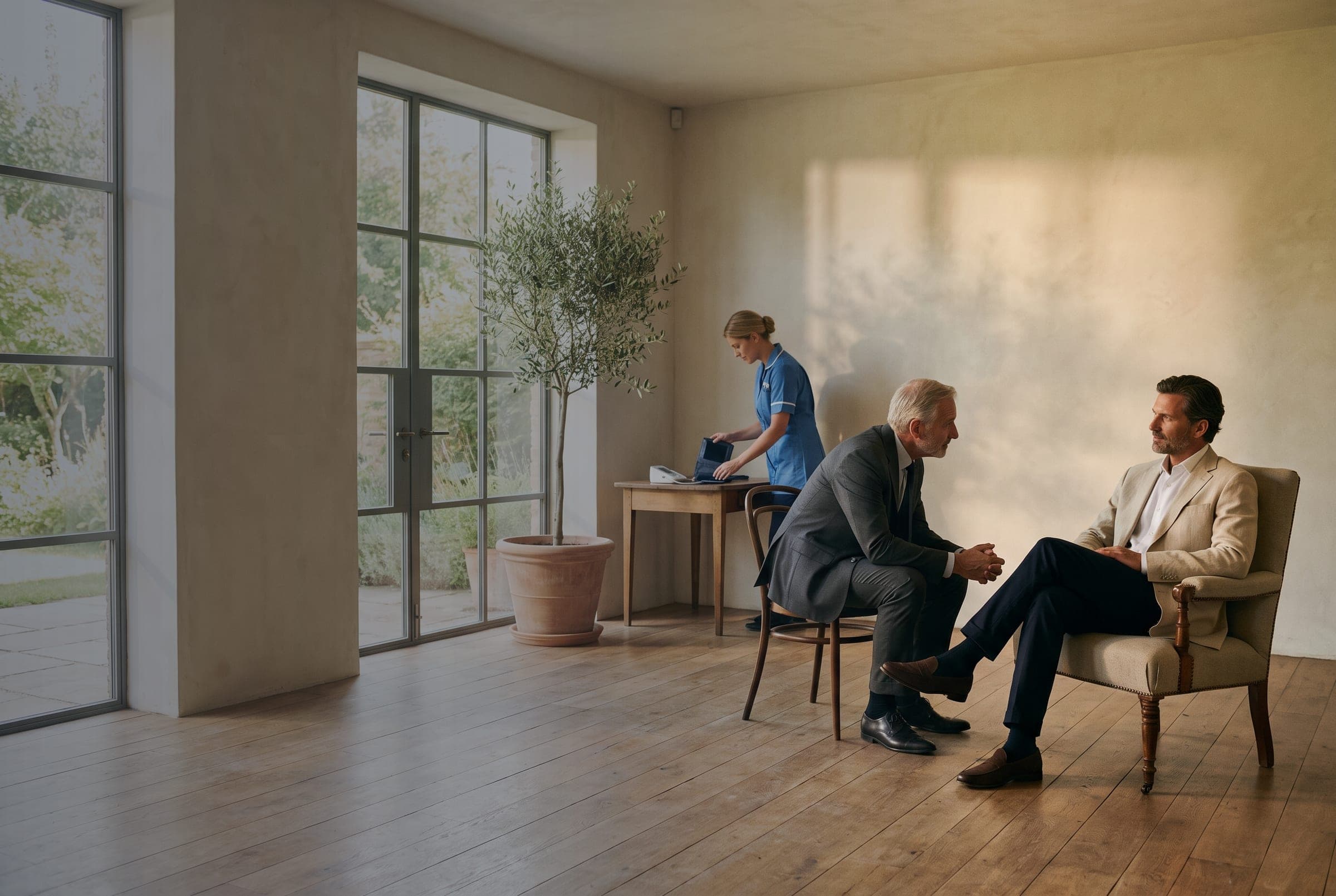 A specialist physician in conversation with a client in the bright living room of a private villa while a nurse prepares