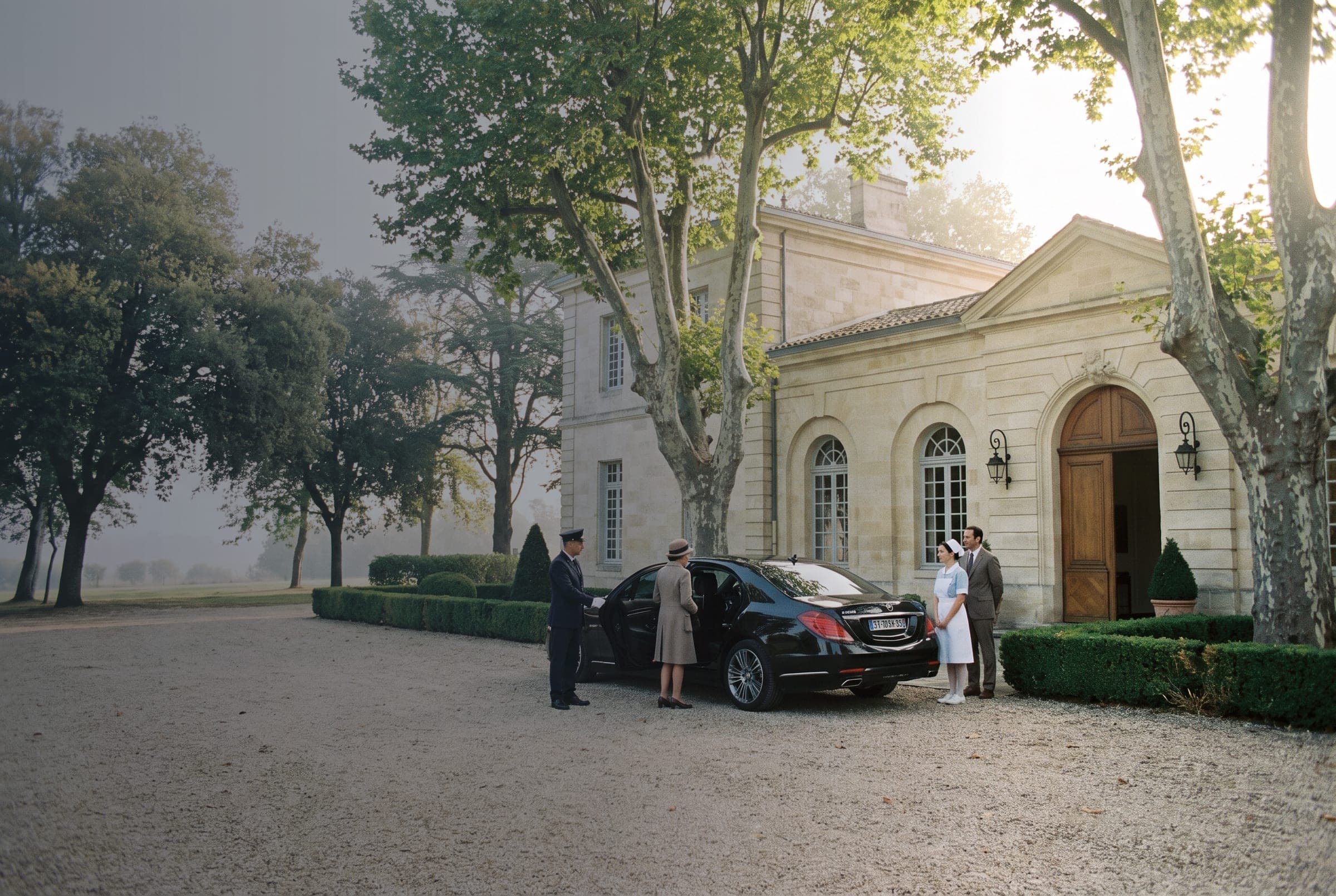 A chauffeur holding the door of a black car as a guest arrives at a limestone private clinic set in a park