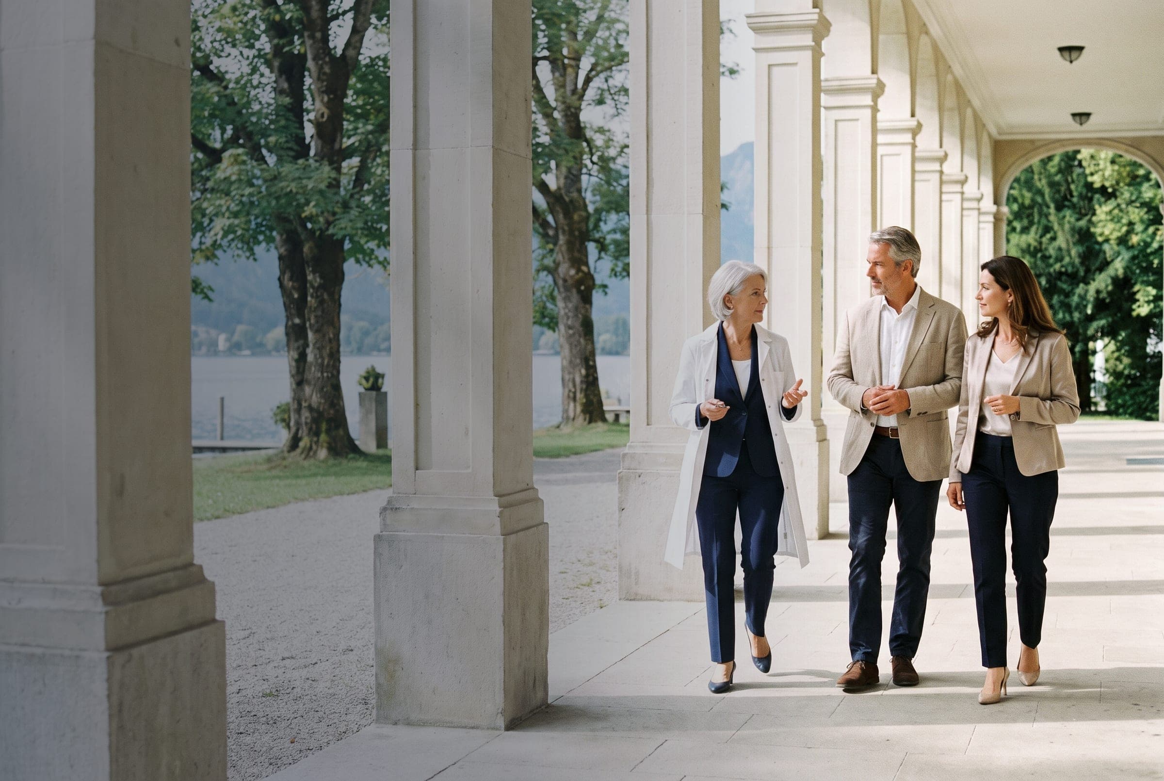 A physician with silver hair walking with a client and a colleague along the limestone colonnade of a lakeside clinic