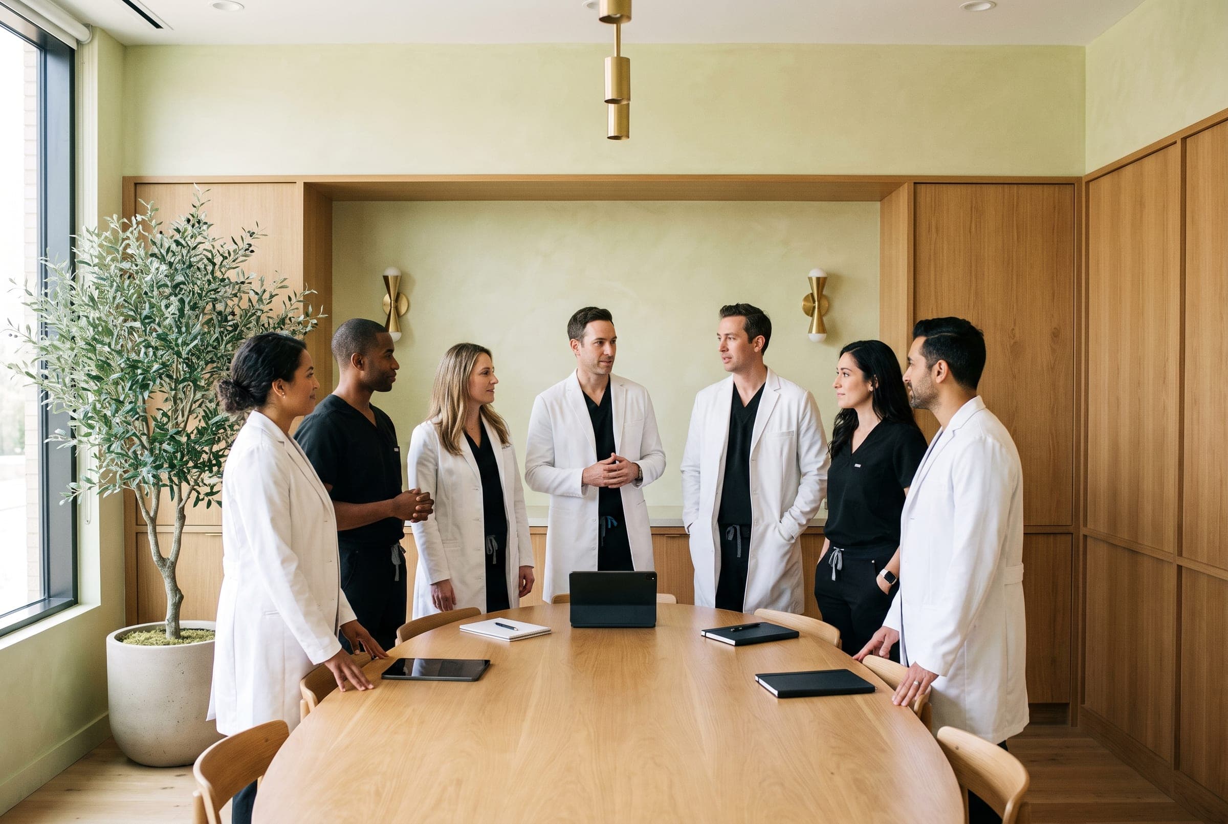 Siete profesionales clínicos con batas blancas y uniformes sanitarios conversan alrededor de una mesa de reuniones de roble en una sala clínica con luz natural