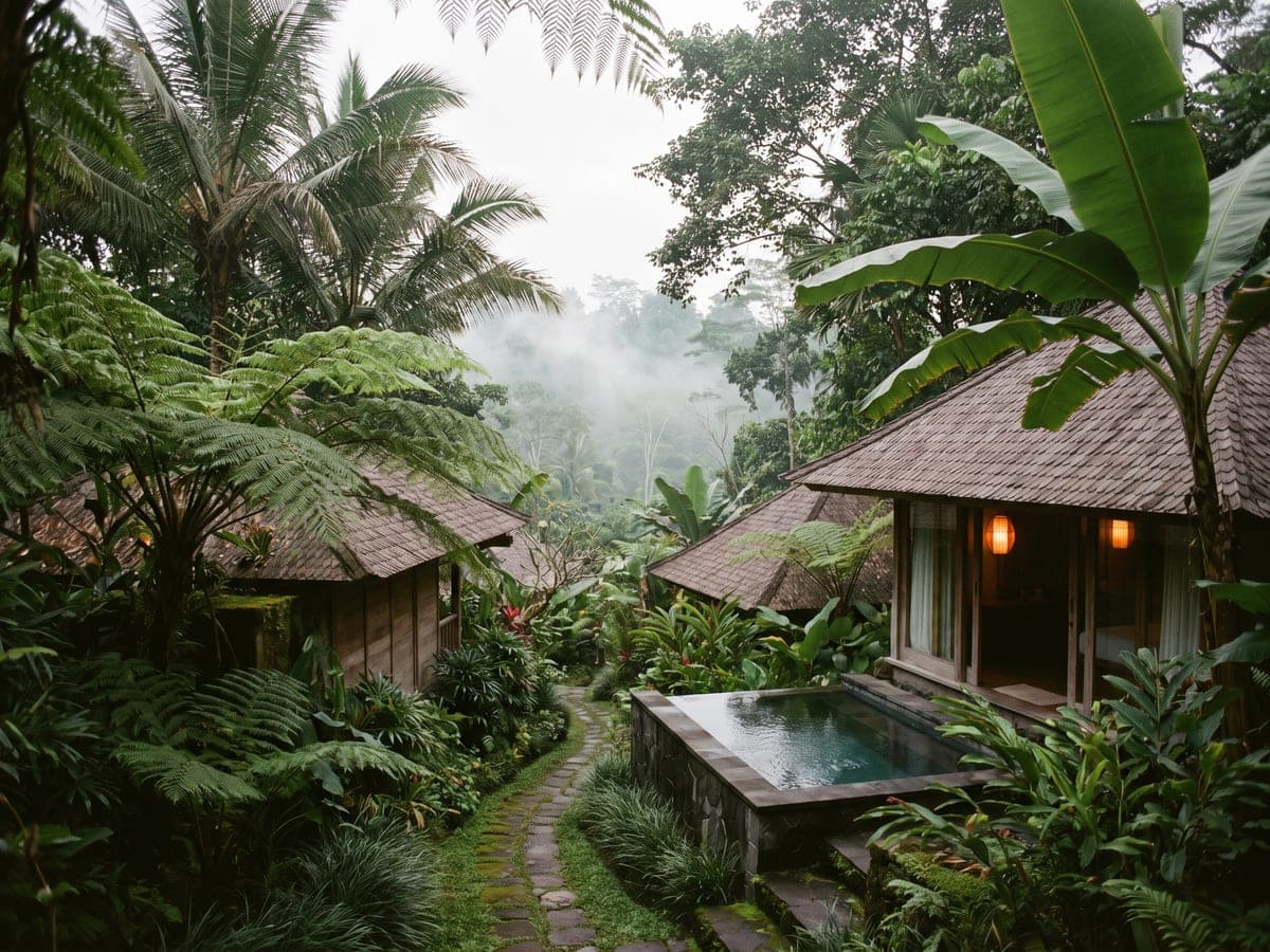 Timber and thatch villas with a stone plunge pool, half hidden by ferns and banana palms, mist in the valley behind