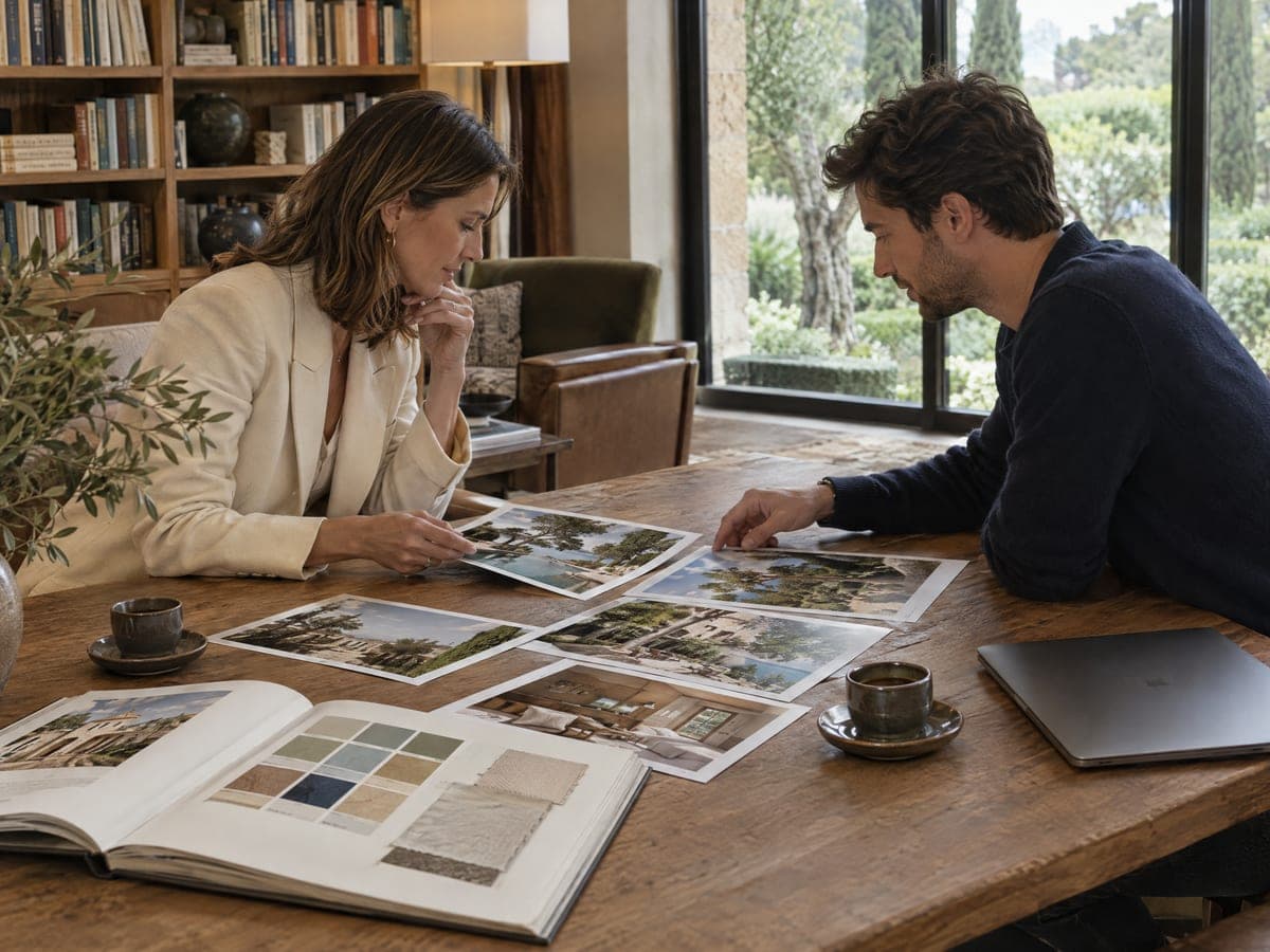 A creative director and a hotel marketing director choosing photographs of the property beside an open brand book of colour and fabric swatches