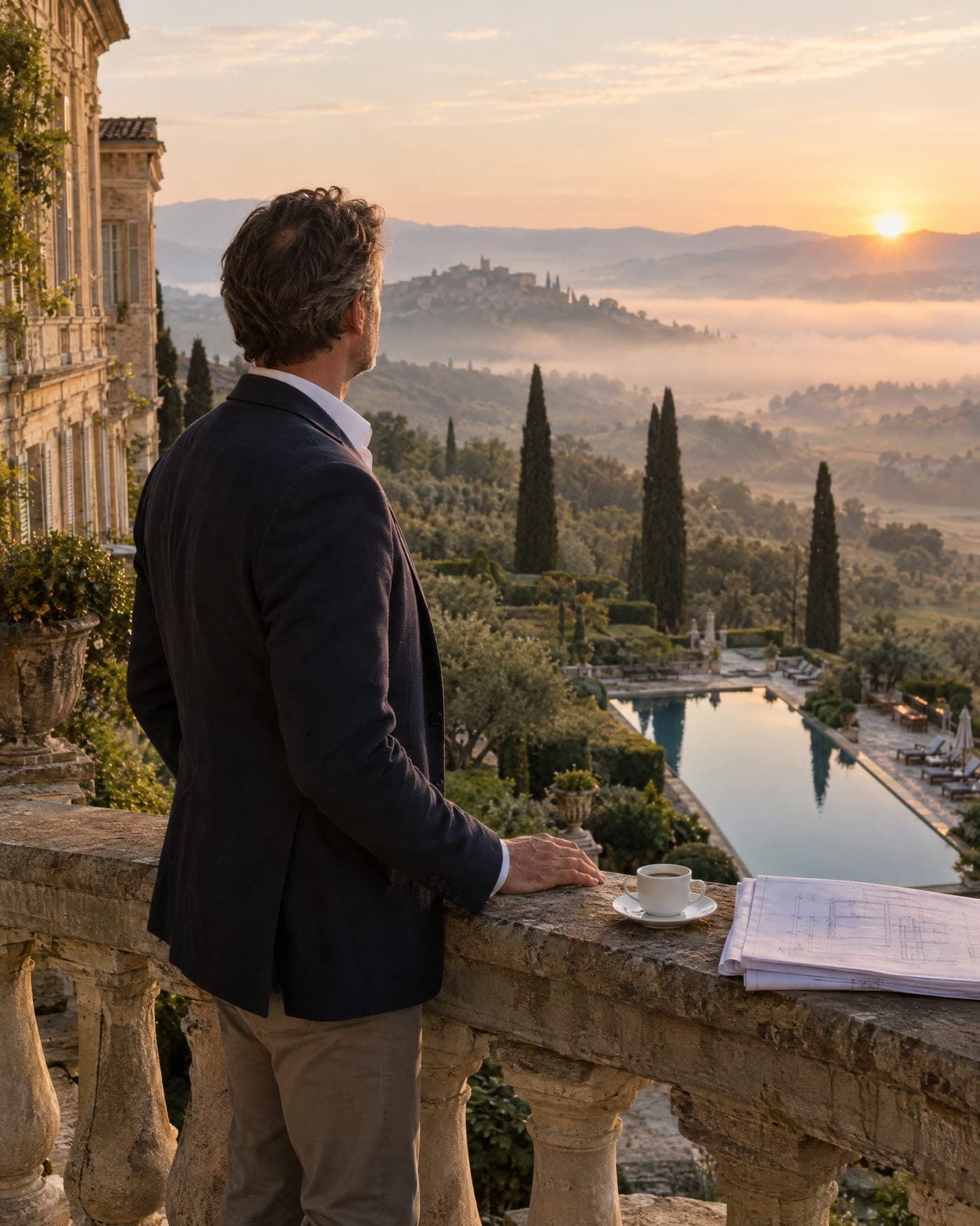 A hotel owner in a navy jacket at the stone balustrade of his hotel at sunrise, architectural plans and a coffee beside him, gardens and a long pool below in the mist