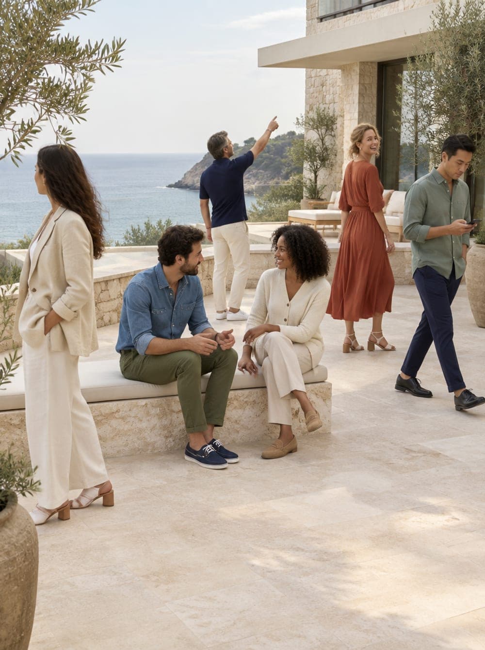 Six colleagues in relaxed, varied smart-casual clothes talking, pointing and looking out to sea on a stone resort terrace