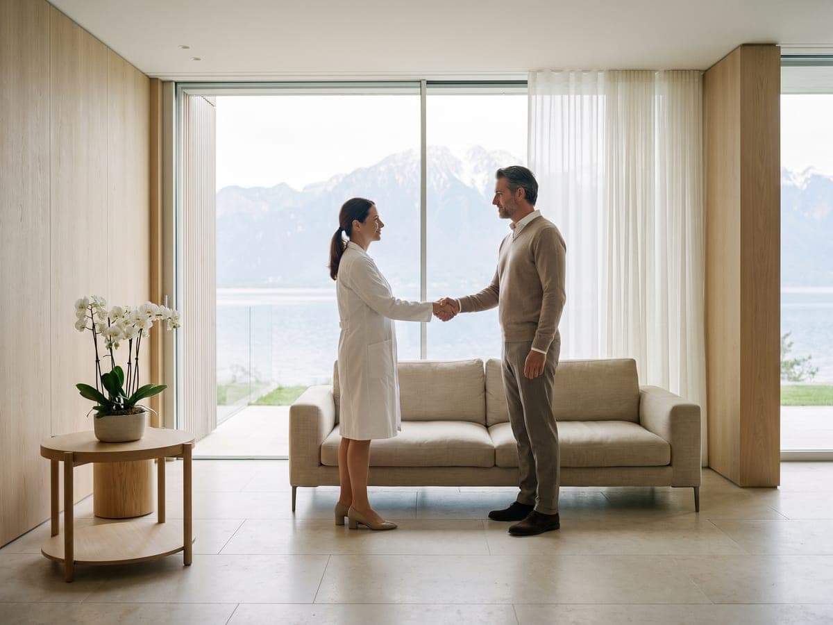 A physician in a white coat greeting a client in a clinic lounge with a window onto a lake and snow-covered mountains