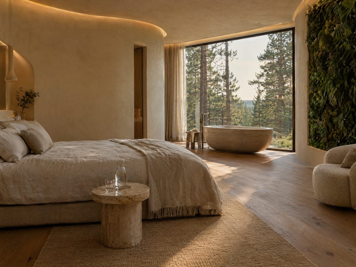 A hotel suite with curved lime-plaster walls, a low linen bed, a freestanding stone bathtub at a floor-to-ceiling window onto pine forest, and a living green wall