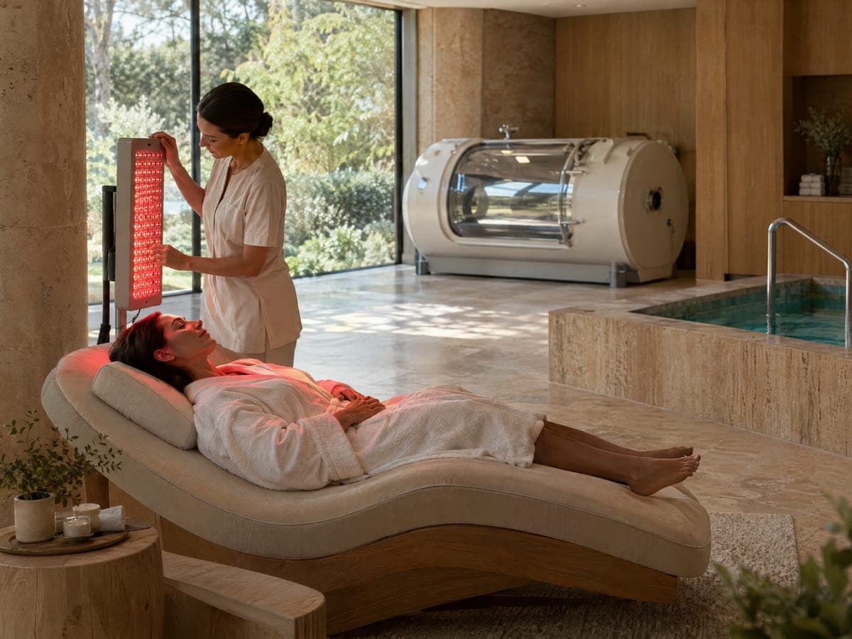 A therapist adjusting a red light therapy panel beside a guest resting on a lounger in a hotel longevity spa, a hyperbaric chamber and a plunge pool behind them