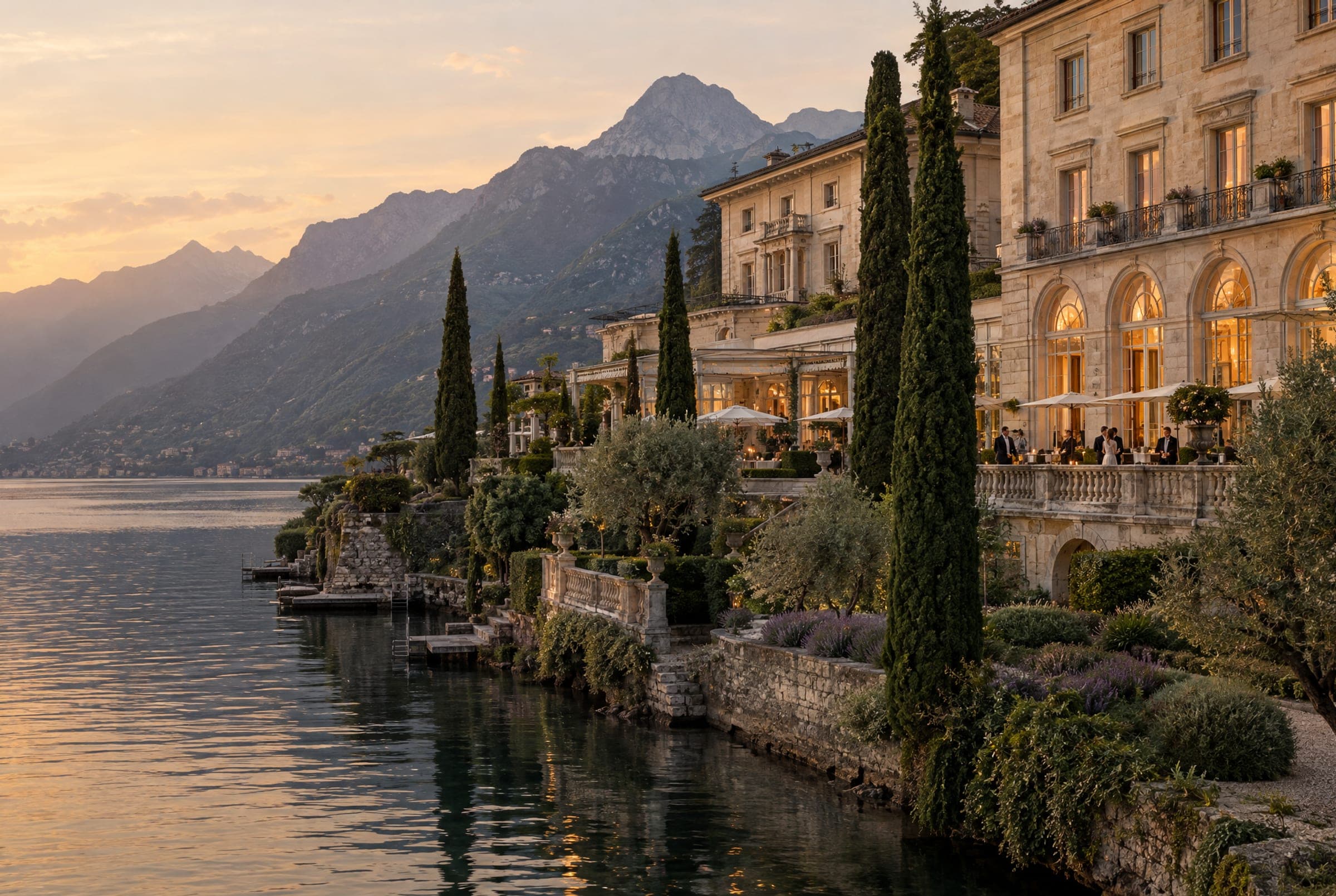 A grand lakeside hotel in warm stone at sunset, its terraces lit and cypress gardens stepping down to the water, mountains behind