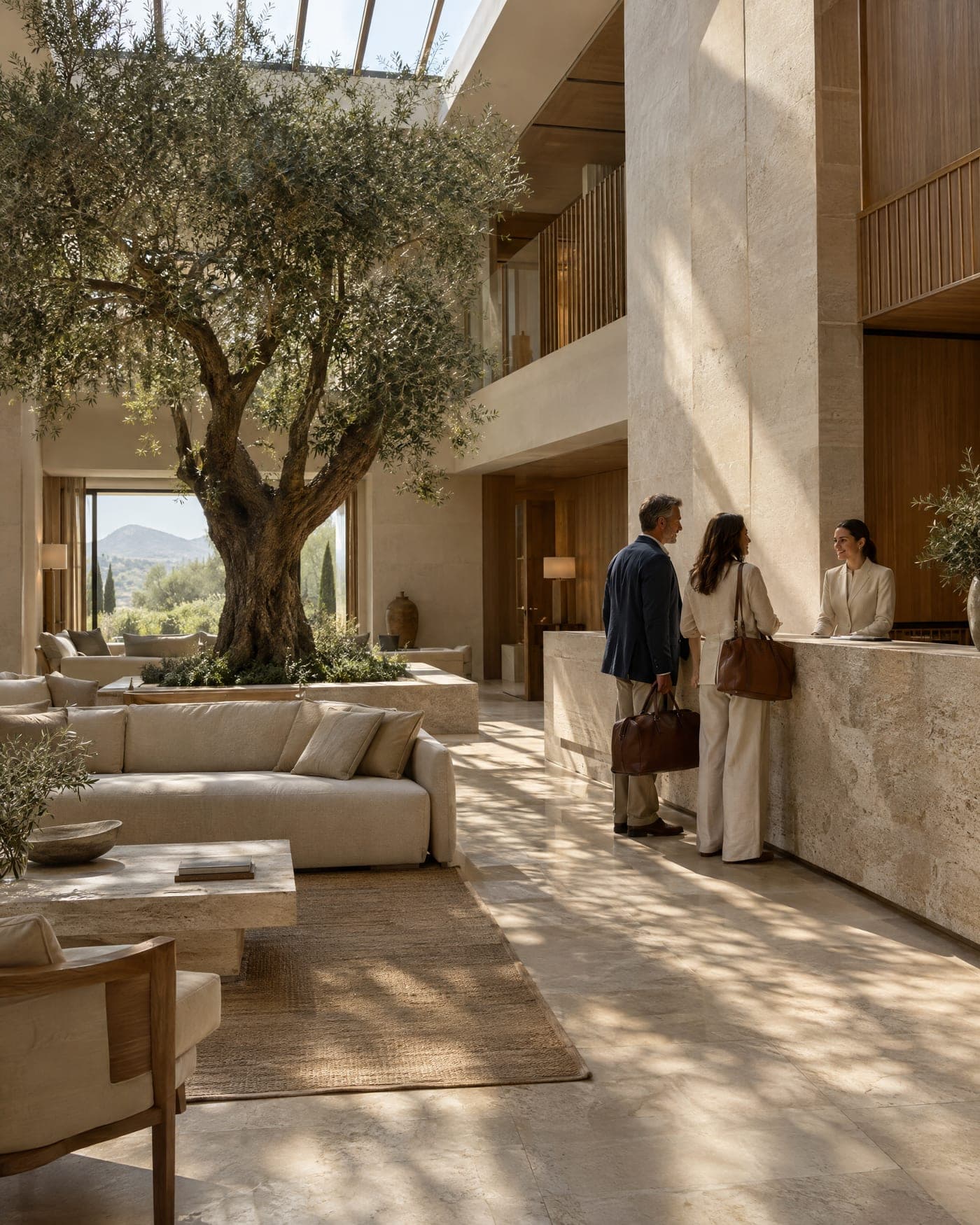 A couple with leather bags being welcomed at the stone reception desk of a resort lobby, a mature olive tree growing under the skylight