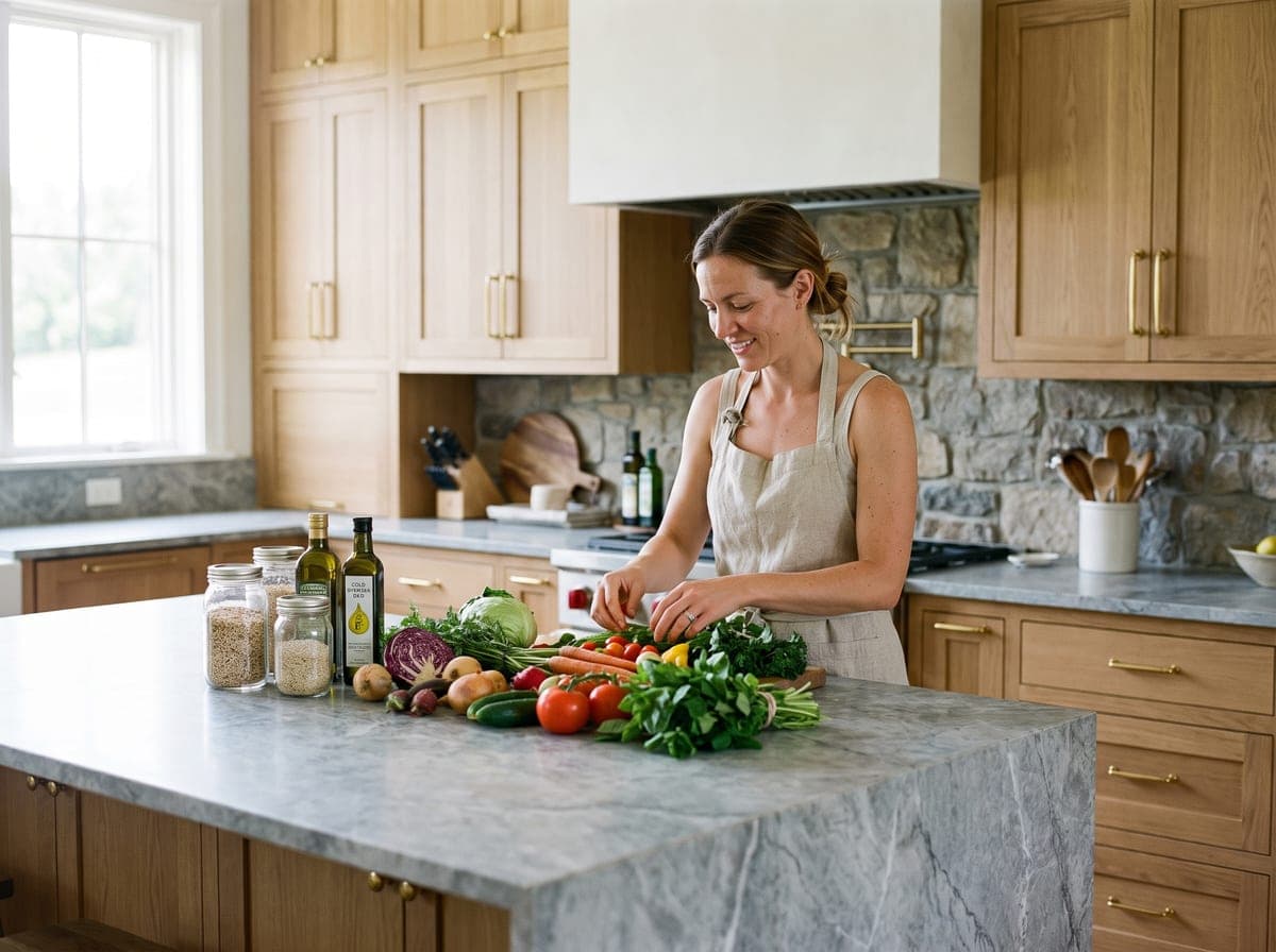 Una especialista en nutrición prepara verduras frescas en una isla de cocina de mármol, con aceites de primera presión en frío y cereales en tarros de cristal a mano