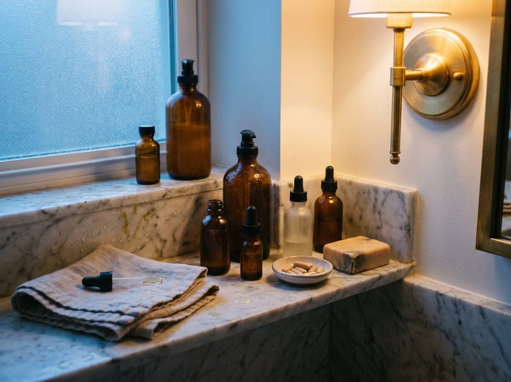 夕暮れの大理石のバスルームの棚。琥珀色のガラス瓶、畳んだリネンの上のスポイト、温かなブラケット照明