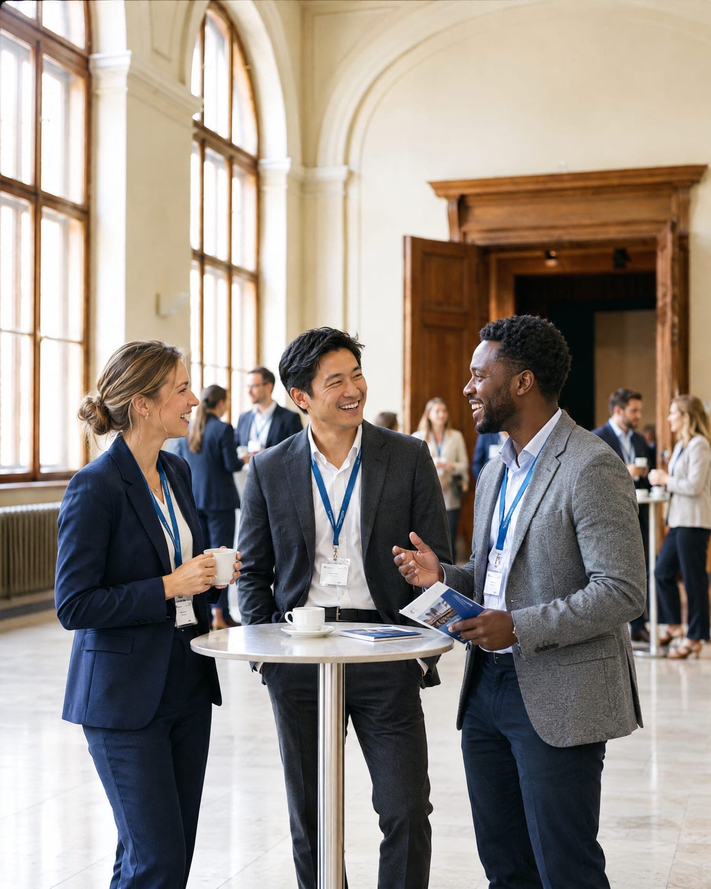 Three young physicians wearing conference lanyards talking over coffee at a standing table in the foyer of a congress hall