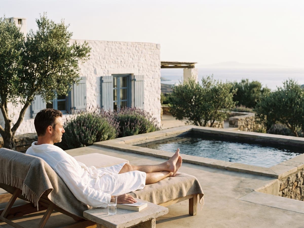 A man in a white robe resting on a daybed beside a stone pool among olive trees, the sea on the horizon