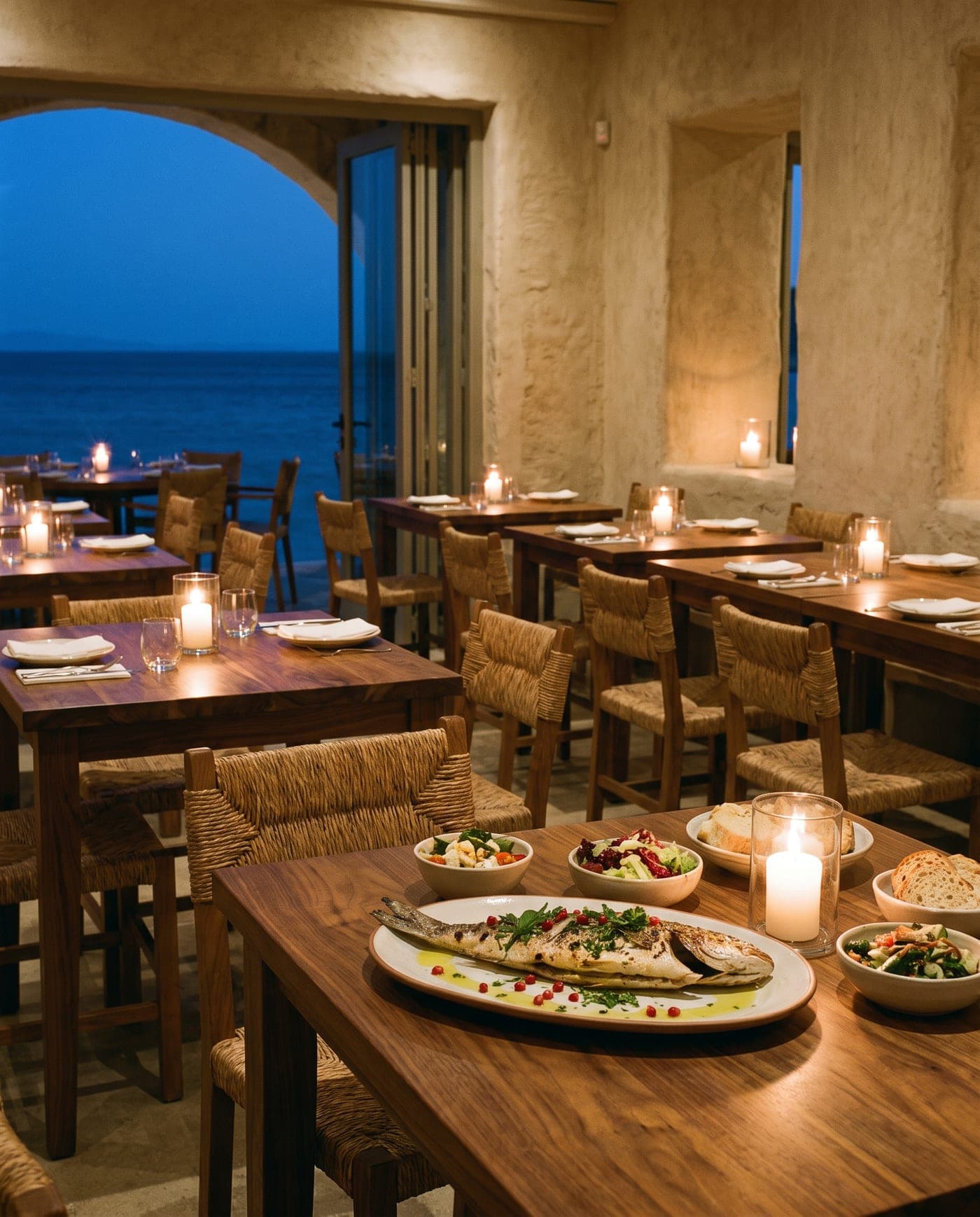 Un restaurante mediterráneo a la luz de las velas al anochecer: mesas de nogal, sillas de enea, paredes de estuco de cal y el mar a través de un arco abierto, con pescado a la parrilla y ensaladas servidas