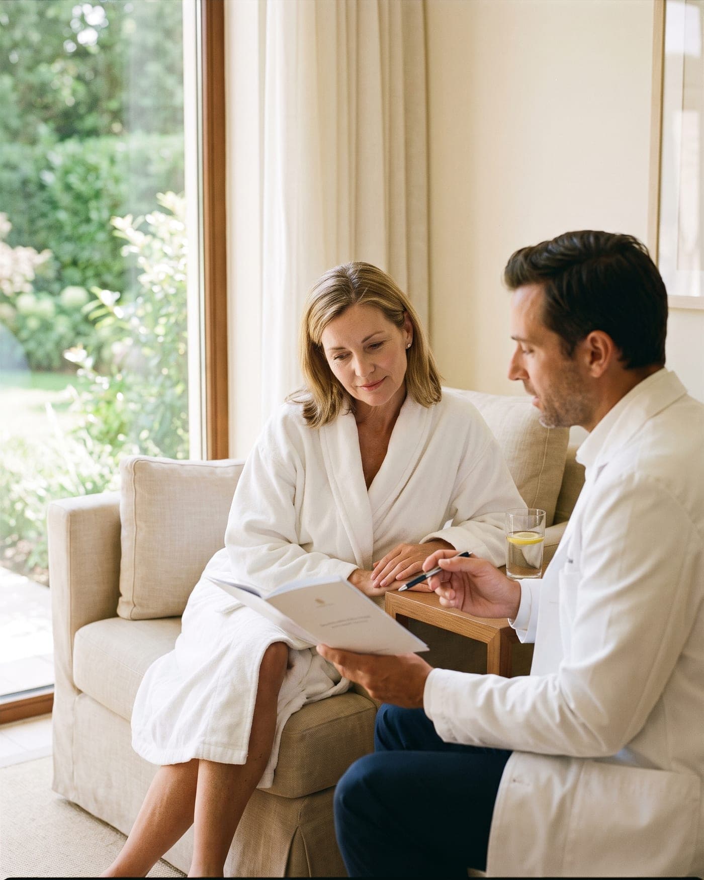 A physician in a white coat explaining a printed results booklet to a woman in a white robe in a sunlit consulting suite