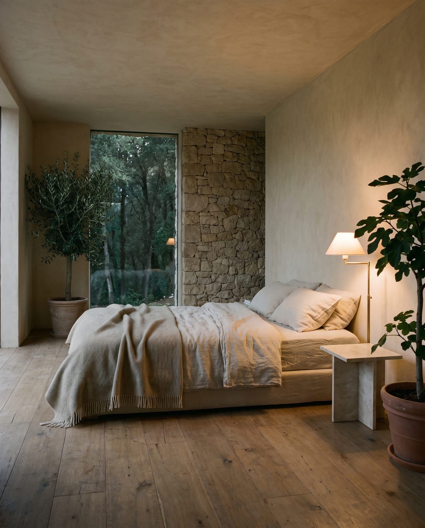 夕暮れのプライベートヴィラの主寝室。石灰漆喰、荒々しい石、幅広のオーク材、厚手のリネン。森へと開かれている