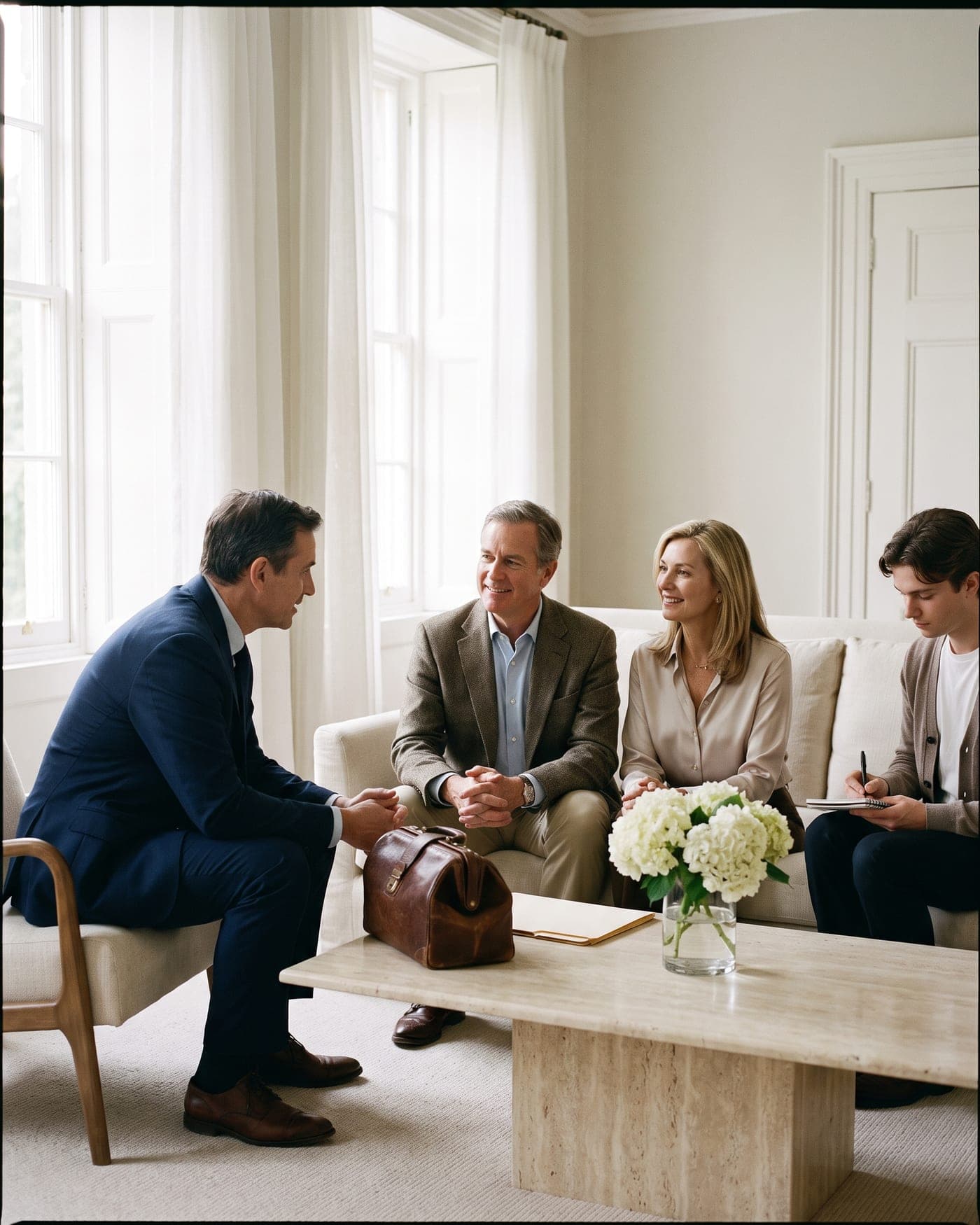 A physician with a leather medical bag talking with a family on a linen sofa in a bright drawing room