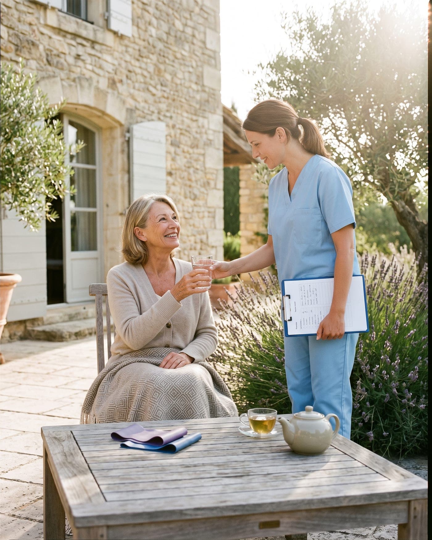 A private nurse handing a glass of water to a smiling woman on the garden terrace of her stone house